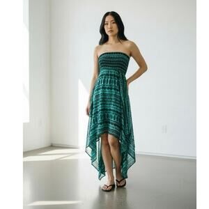 VTG Deb Y2K Teal & Black Smocked Strapless Handkerchief Hem Dress Whimsigoth M